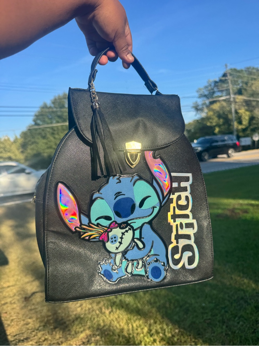 Love Stitch Black Faux Leather Backpack with Holographic Stitch Applique - Picture 3 of 3